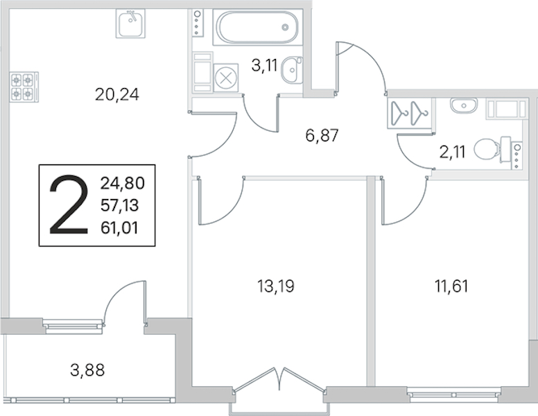 2-комнатная квартира 57.13 м², 3/4 эт., ЖК «Любоград в Стрельне»